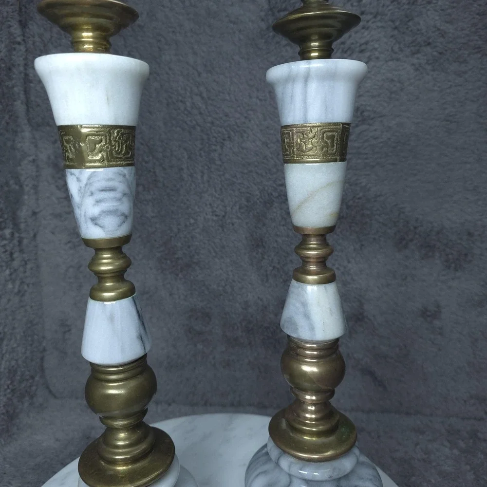 Vintage Brass Marble Candlestick Holders White Stone Taper Pillar Pair Decor 15